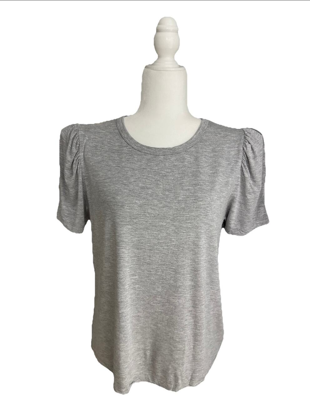 Filoro Crew Top Womens L Heather Gray Short Puff Sleeve Elevated Basic